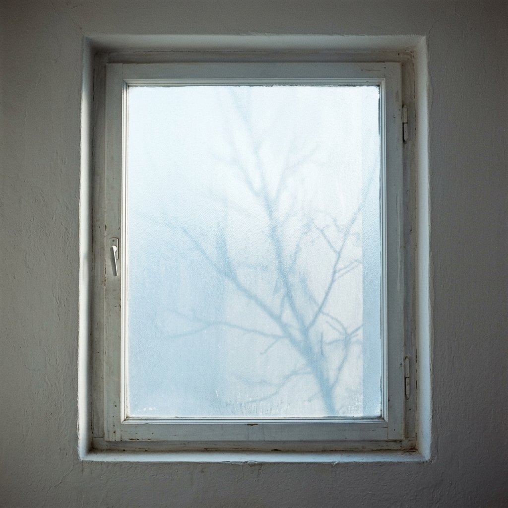 Soft dawn light through a frosted window, diffused pale blue