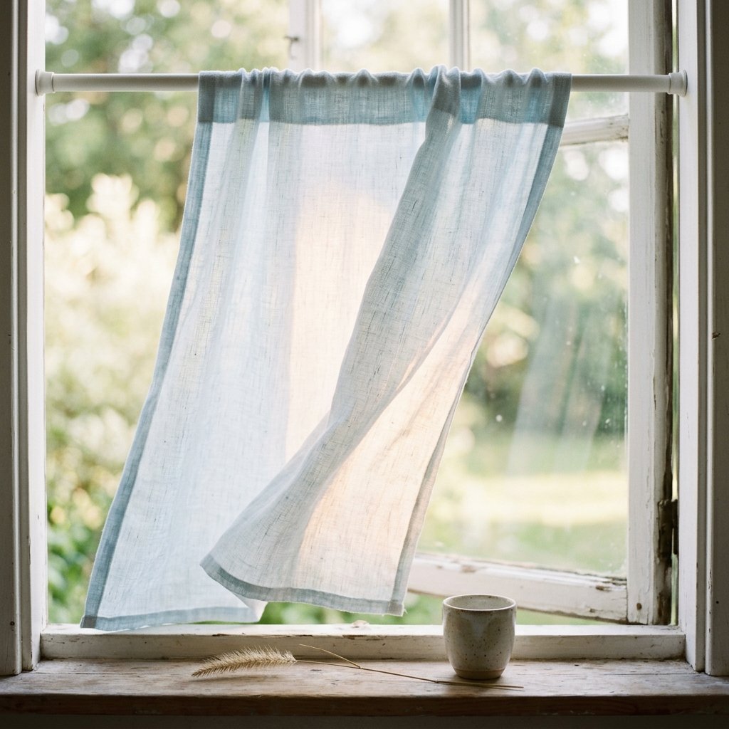 Soft morning light diffused through a pale curtain, interior still life
